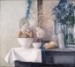 Bowls, rolls and flowers on mantelpiece. 80x90 cm.