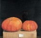 Pumpkins on chopping block and black cat. 60x65 cm.