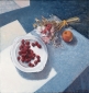 Cherries in bowl and flowers. 70x70 cm.
