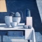 Bowls, rolls and coffee pot on table. 70x70 cm.